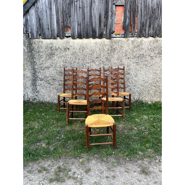 Vintage French Country Ladderback Chairs in Oak and Rush, 1960s, Set of 6 For Sale - Image 9 of 14