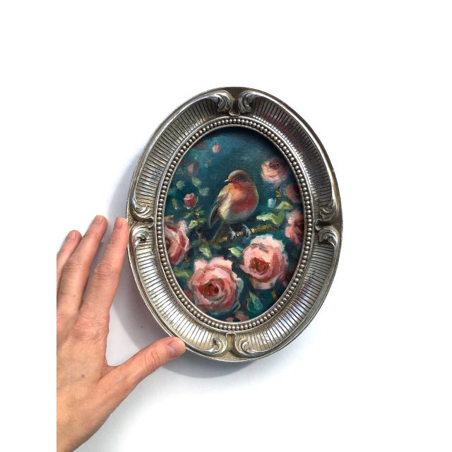 Framed Original Painting Robin Bird Roses Oval Wall Decor by Artist Valeriya Serova For Sale - Image 6 of 9