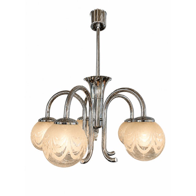 1940s Art Deco Five-Light Chrome Chandelier with Etched Glass Globes, 1940s For Sale - Image 5 of 8
