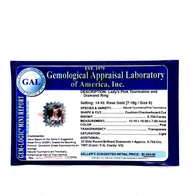 1990s Tourmaline Rubellite Diamond Ring 14 Kt 7.45 TCW Certified, Size 6 For Sale - Image 17 of 17