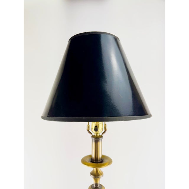 Mid-Century Modern Vintage Hollywood Regency Antique Brass Candlestick Table Lamp With Black Shade For Sale - Image 3 of 13