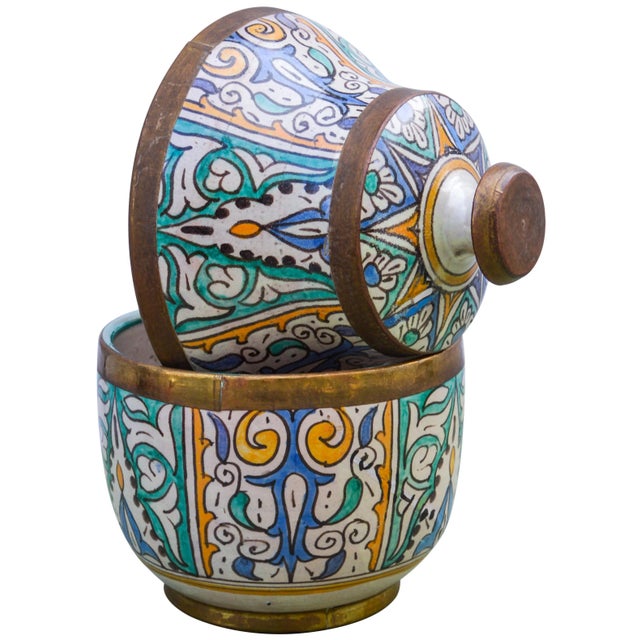 Moroccan Ceramic Lidded Bowl With Arabesque For Sale - Image 9 of 12