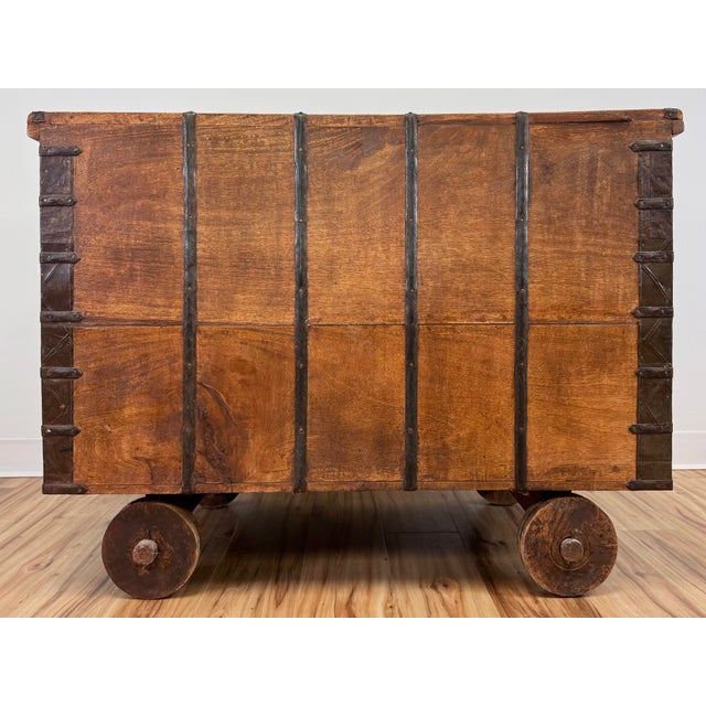 Mid 20th Century Vintage Indian Carved Wood Dowry Trunk Wedding Trunk For Sale - Image 5 of 13