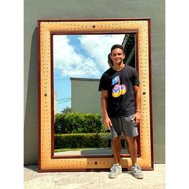 Vintage Seagrass Studded Wood Floor Mirror For Sale - Image 14 of 15