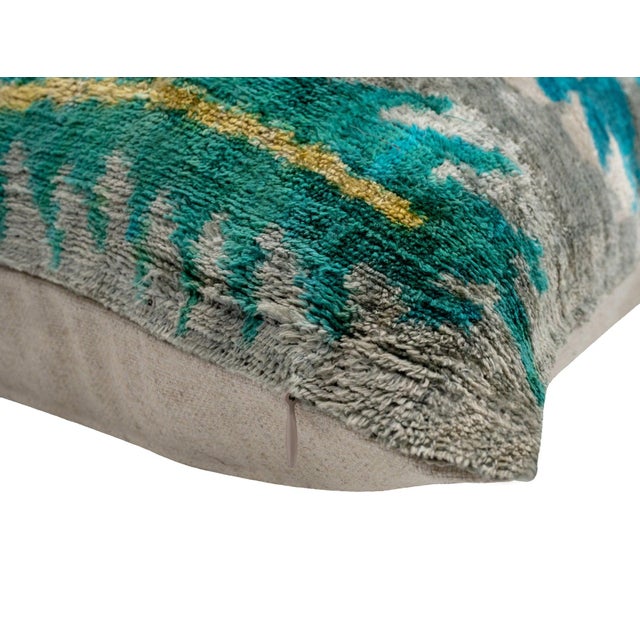 2020s Handmade Velvet Throw Pillow With Turquoise and Yellow Ikat Design & Down Feather Insert For Sale - Image 5 of 6