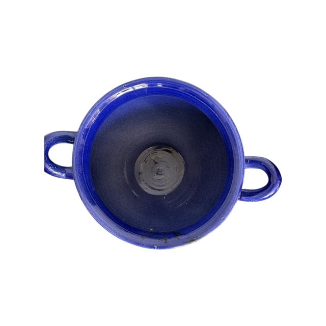 Vintage Cobalt Blue Glazed Glazed Ceramic Urn-Form Vase With Loop Handles For Sale In West Palm - Image 6 of 12