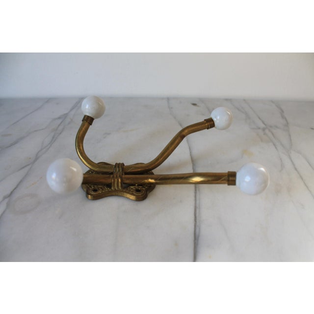 Victorian Vintage Brass and White Porcelain 4-Hook Wall Mount Coat or Hat Hanger For Sale - Image 3 of 8