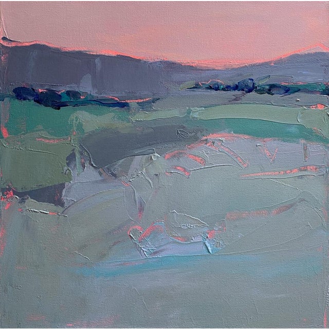 This contemporary abstract landscape painting radiates a lively, optimistic spirit through its vibrant use of color and...