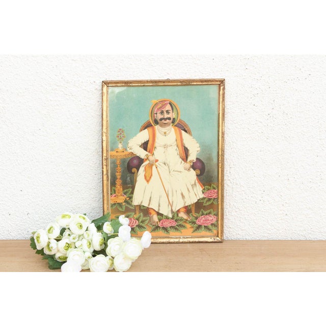 Saffron Antique Indian Seated Maharaja Framed Portrait For Sale - Image 8 of 8