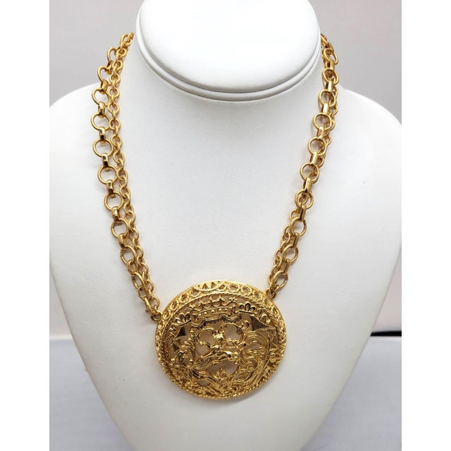 Gold Vintage Signed Napier Goldtone Coat of Arms Pendant Necklace, 1971 Ad Piece For Sale - Image 8 of 9