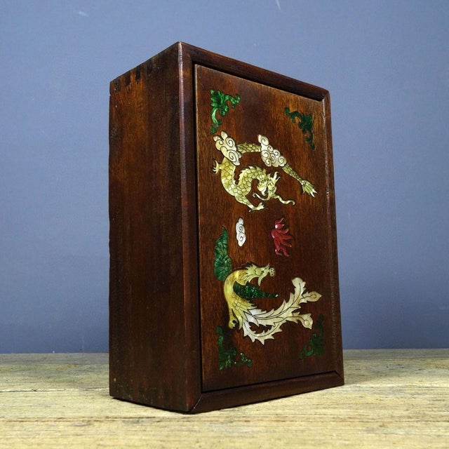 Vintage Rosewood Box With Mother-of-Pearl Dragon & Phoenix Inlay For Sale - Image 9 of 9