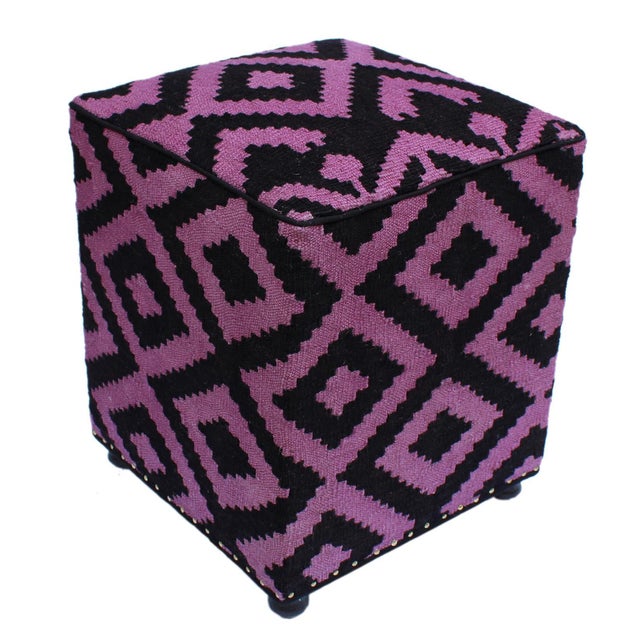 Boho Chic Black/Purple Handmade Kilim Upholstered Ottoman For Sale - Image 4 of 9