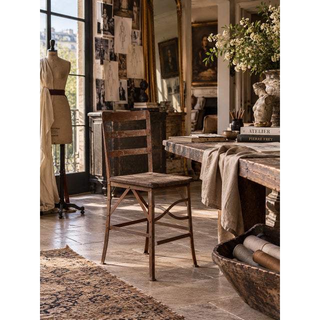 Brown Antique Early 20th Century Riveted Metal Chair With Wood Seat For Sale - Image 8 of 9