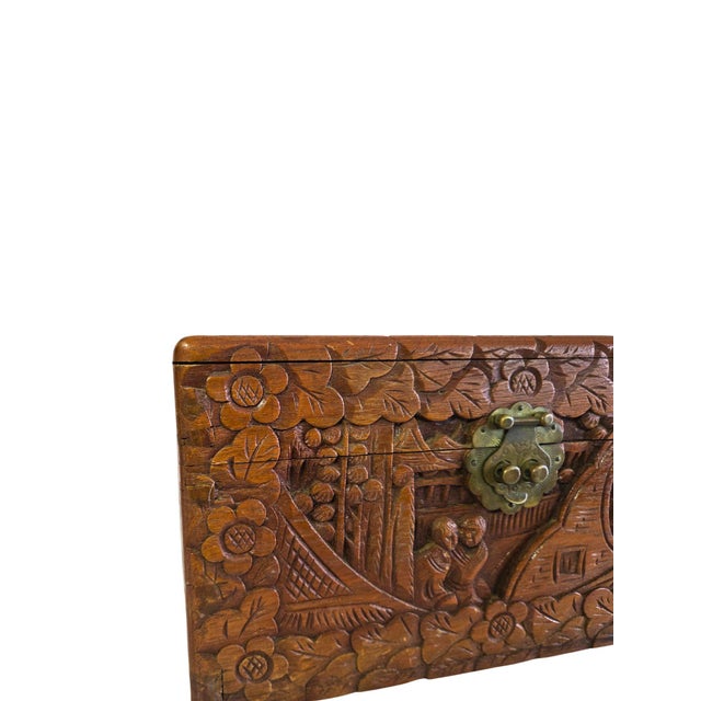 Asian Vintage Asian Hand-Carved Camphor Wood Jewelry Box With Village Scene & Brass Hardware For Sale - Image 3 of 18