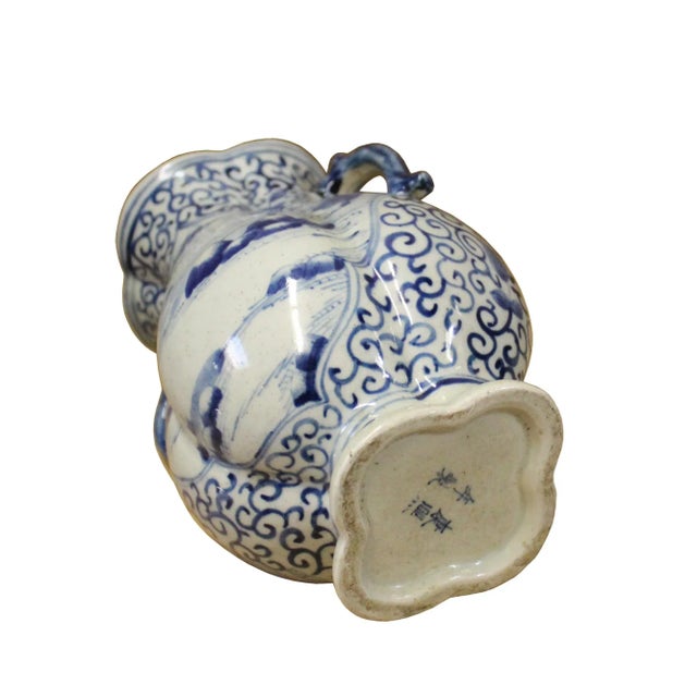2010s Chinese Blue White Porcelain Scenery Graphic Flower Shape Vase For Sale - Image 5 of 7