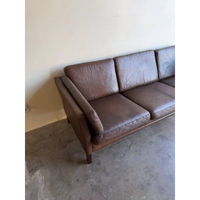 Vintage Danish Brown Leather Sofa in Style of Stouby | Mid-Century Modern 3-Seat Couch For Sale - Image 4 of 10