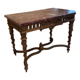 Antique Louis XVI Marble Top Intricately Carved Gilt Wood Table For Sale