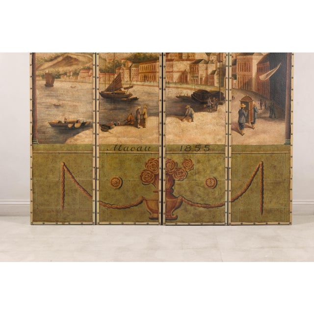 Vintage Four-Panel Painted Screen Depicting Macau Harbor, 1855 For Sale - Image 13 of 17
