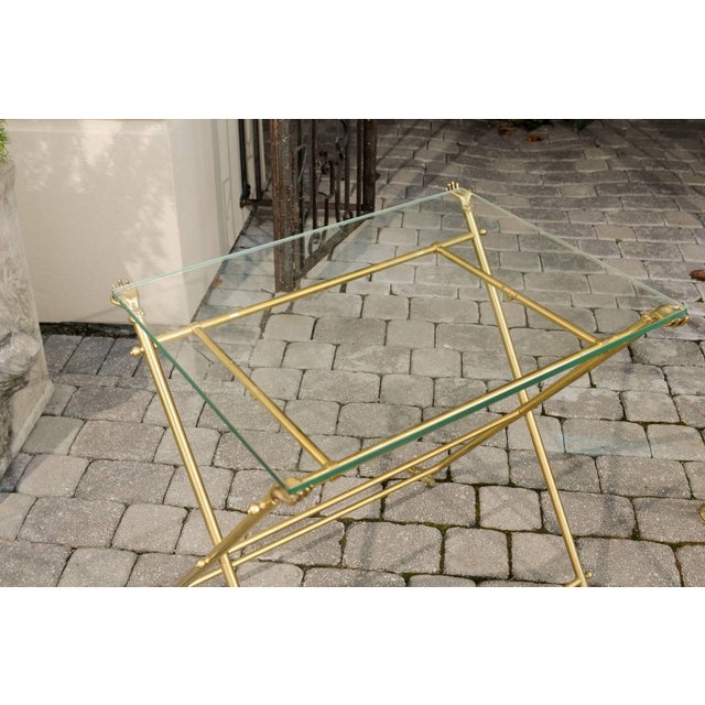 Brass Vintage Pair of Italian Brass and Glass Folding Side Table with Sandaled Feet For Sale - Image 8 of 10