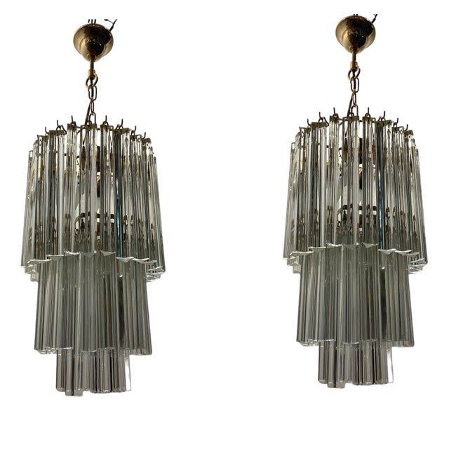 Murano Glass Triedri Chandeliers from Venini, 1960s, Set of 2 For Sale