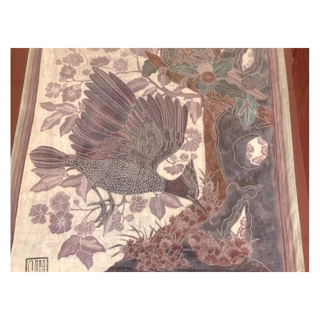 Burgundy 1980s Signed Custom Framed Asian Weaving With Flycatcher Bird Theme For Sale - Image 8 of 10
