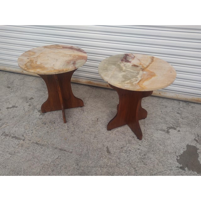 Late 20th Century Late 20th Century Pair of Pedestal Base End Tables With Onyx Tops For Sale - Image 5 of 7