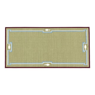 Handmade Cotton Dhurrie Runner, Olive Green and Wine Border Fish Patterned Runner Rug- 4'x16' For Sale