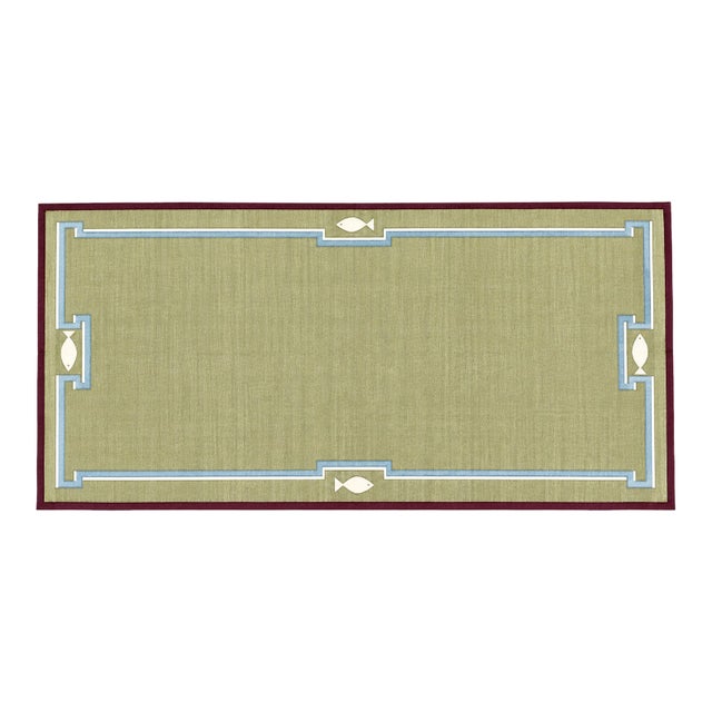 Handmade Cotton Dhurrie Runner, Olive Green and Wine Border Fish Patterned Runner Rug- 4'x16' For Sale
