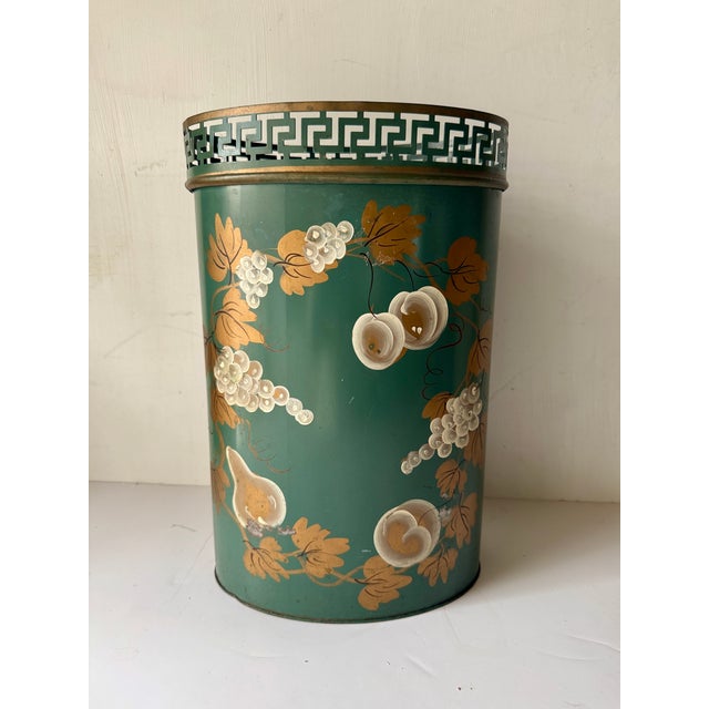 Mid Century Beautiful Plymouth Tole Hand Decorated Trashcan. Featuring a Greek Key Decorated top edge. 15” tall x 9.5 x 6 3/4