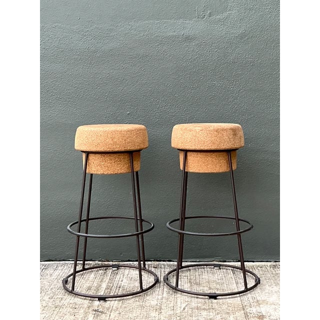 Mid-Century Modern Vintage Cork and Metal Bar Stools - A Pair For Sale - Image 3 of 12