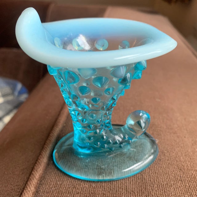 Mid-Century Modern Small Vintage Blue and Opalescent Hobnail Glass Cornucopia Horn For Sale - Image 3 of 13