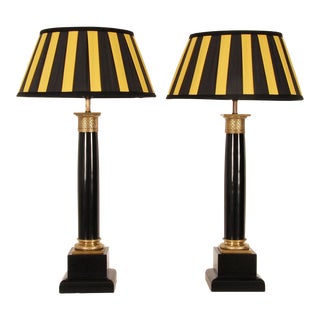 Vintage French Napoleonic Lamps Empire Black Marble Gold Gilded Bronze Column Table Lamps - a Pair For Sale