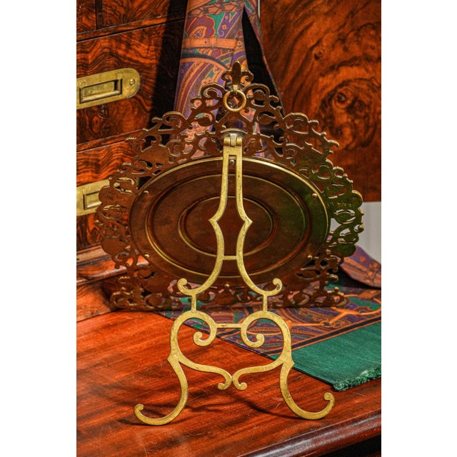 Brass Ornate Scroll Floral Brass Metal Easel Back Frame With Circular Mirror Dresser For Sale - Image 8 of 11