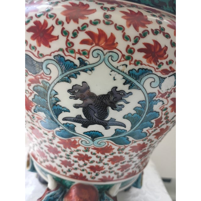 Antique Asian Porcelain Centerpiece Bowl With 5 Sculpted Figurine Handles & Feet For Sale - Image 12 of 16