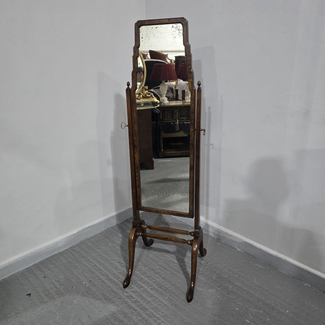 Queen Anne walnut cheval mirror, mirror slight foxing, frame in excellent condition. 55" high 16" wide 18" depth