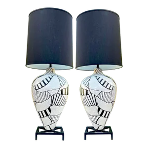 Pair of Black & White Geometric Pottery Lamps in the Style Roger Capron, 1980's