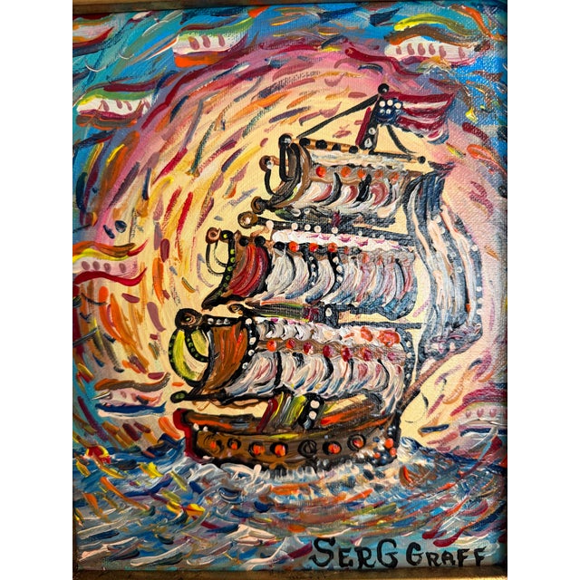 Orange Serg Graff "Aurora" Original Acrylic Painting Nautical Ship Seascape Art, Coa For Sale - Image 8 of 8