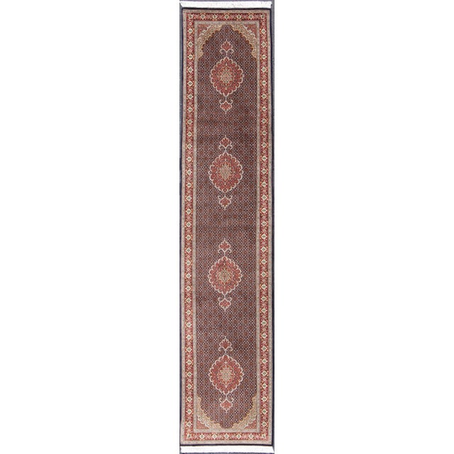 Vintage Persian Tabriz Runner Featuring Central Medallion Motifs on Navy Field 2'7 X 12'7 For Sale - Image 13 of 13
