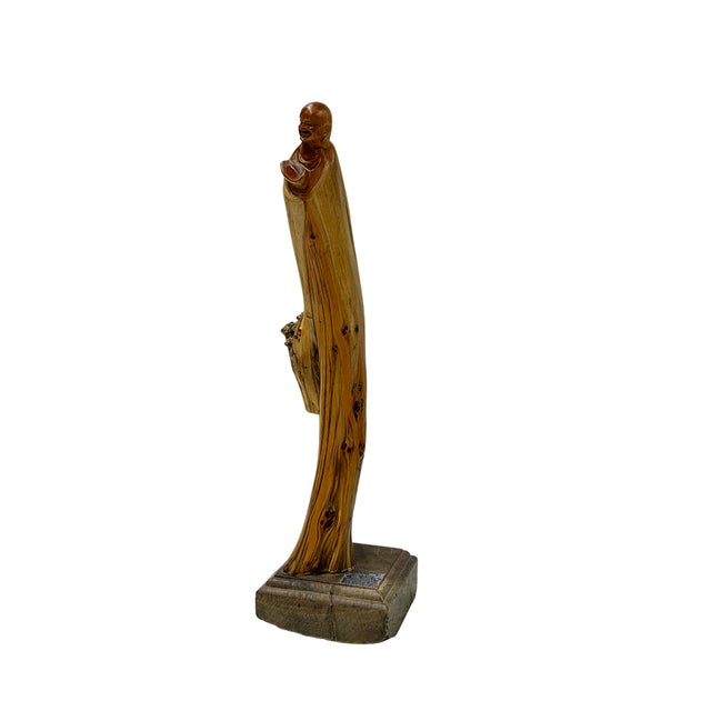 Wood Natural Cypress Wood Root Carved Artistic Happy Buddha Figure For Sale - Image 7 of 8