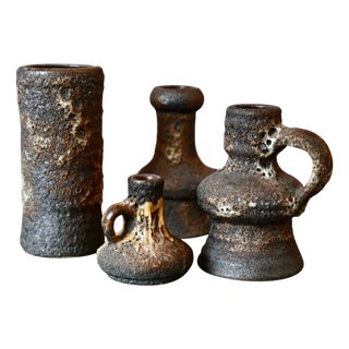 Brutalist Ceramic Lava Style Vases and Candle Holders, Set of 4 For Sale