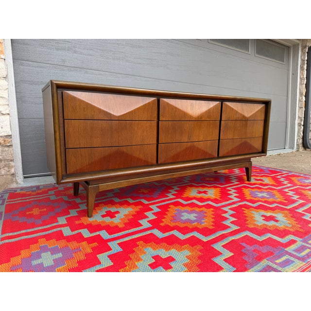 Wood 1960s Diamond Front Lowboy Dresser Attributed to United Furniture Co. For Sale - Image 7 of 8