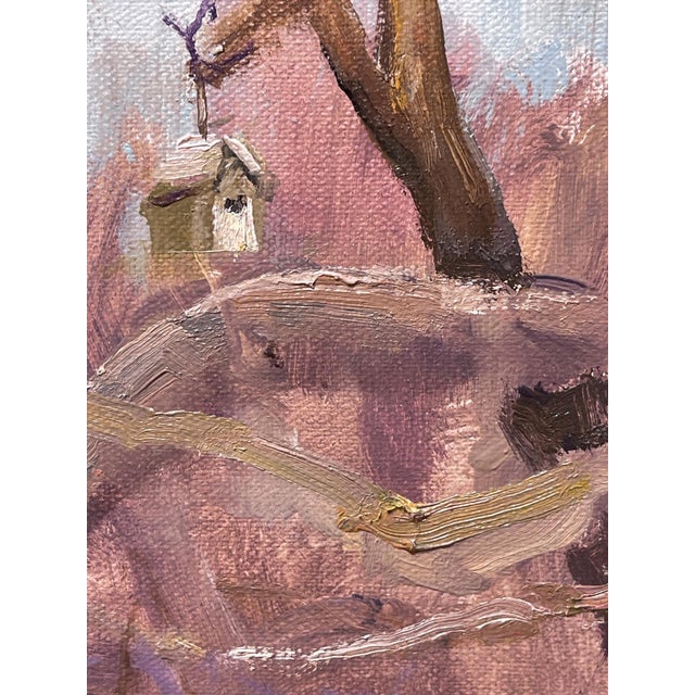 Contemporary The Birdhouse by Harold Deist | Oil on Linen Panel Landscape with a tree and birdhouse. For Sale - Image 3 of 3