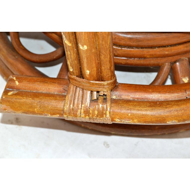 Vintage Bamboo & Wicker High Back Lounge Chair Beige Linen Upholstery - Pair For Sale - Image 12 of 13