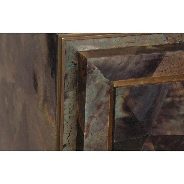 Introducing a masterpiece of design, the Rare Vintage R&Y Augousti Tessellated Pen Shell with Brass Inlay Bar Server/High...