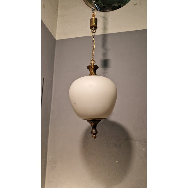 1950s Brass Chandelier with Apple-Shaped Milk Glass, 1950s For Sale - Image 5 of 9