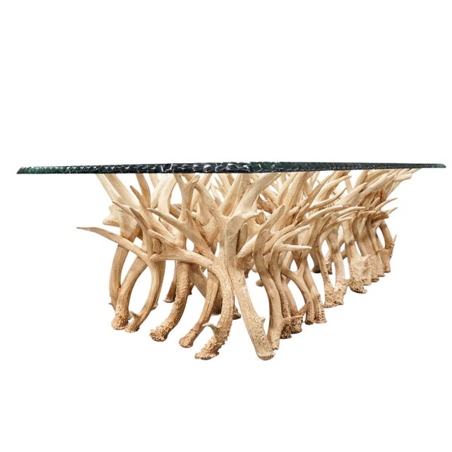 1990s Large American Faux Antler Base Etched Glass Top Coffee Table For Sale In West Palm - Image 6 of 8