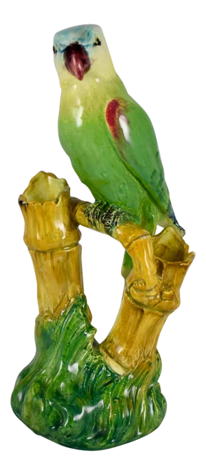 French Delphin Massier Parrot on Bamboo Double Vase, Signed