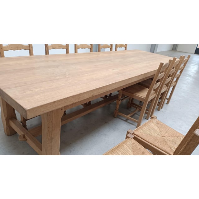 Solid oak farmhouse table, sanded in our workshop, 78 cm high, 62 cm high under the apron, 300 cm long, 100 cm wide, an...