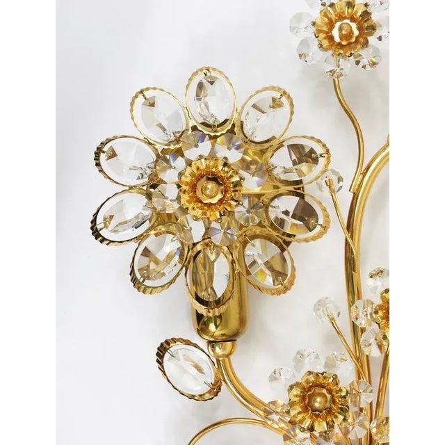 Metal Large Gilt Brass Flower Wall Light with Faceted Crystals from Palwa, Germany, 1970s For Sale - Image 7 of 10
