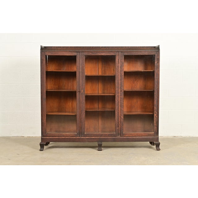 R. J. Horner Style Victorian Carved Oak Glass Front Triple Bookcase, Circa 1890s For Sale - Image 12 of 12